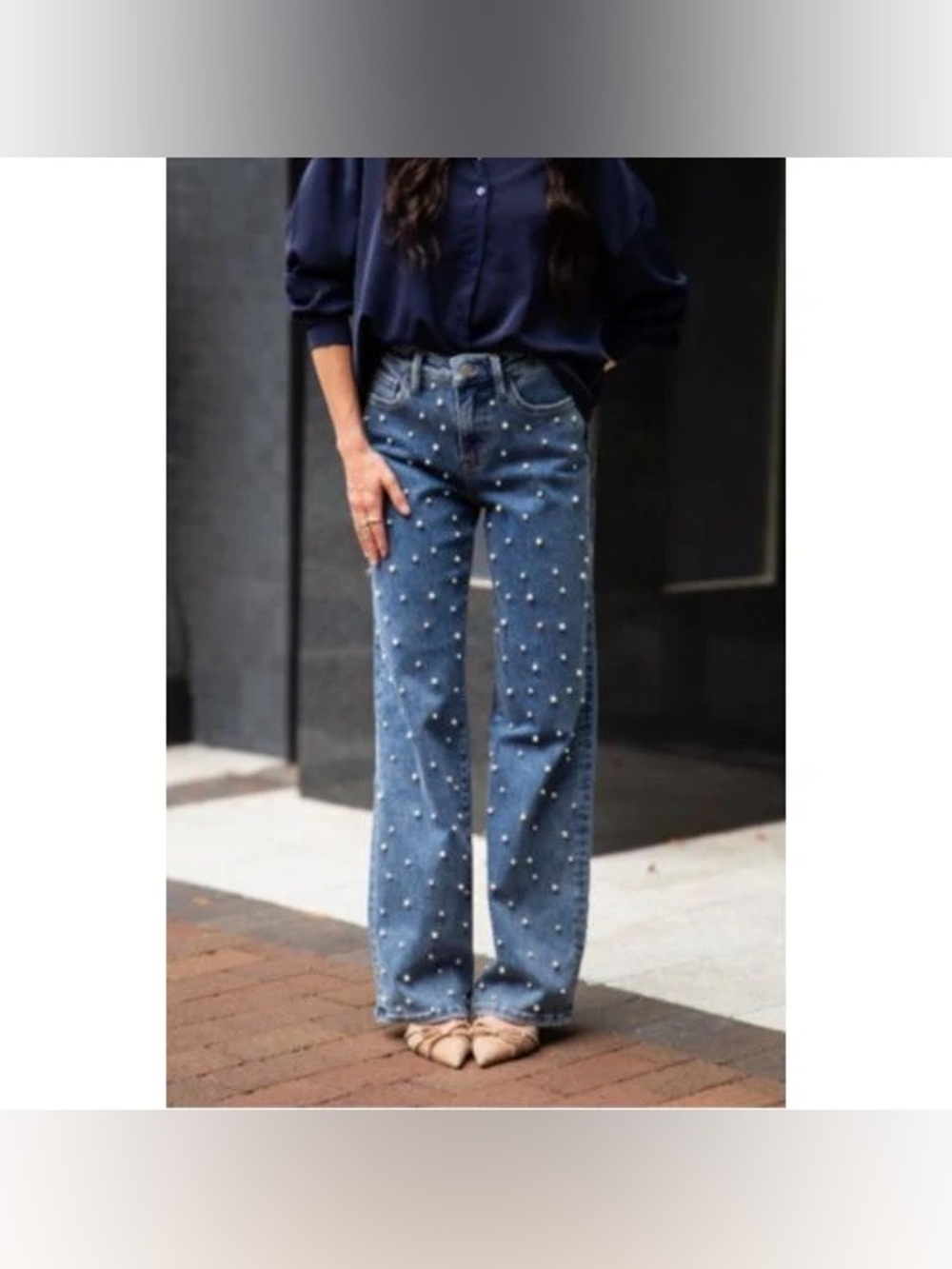 BRAND NEW WITH TAGS Pearl Embellished High Rise Wide Leg Jeans